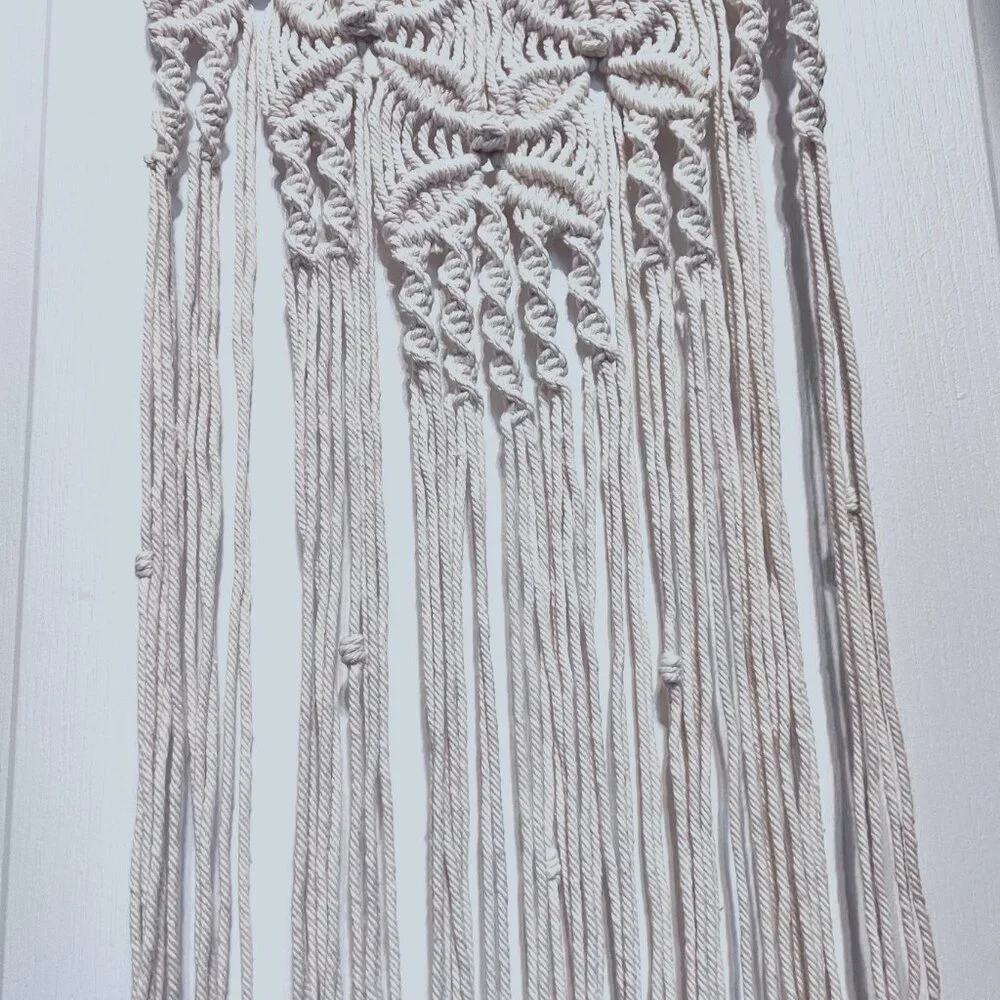 Macrame/Crocheted Wall Hanging-Ivory/Cream-Bohemian-Wood Dowel-Knots-Twist-Flow